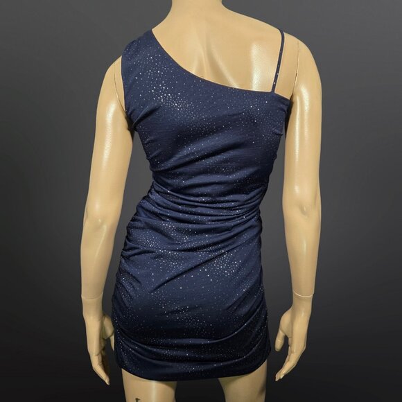Y2K Mini Dress Size M Dark Blue Glitter One Shoulder Ruched Silver Buckle Fairy - Picture 7 of 9